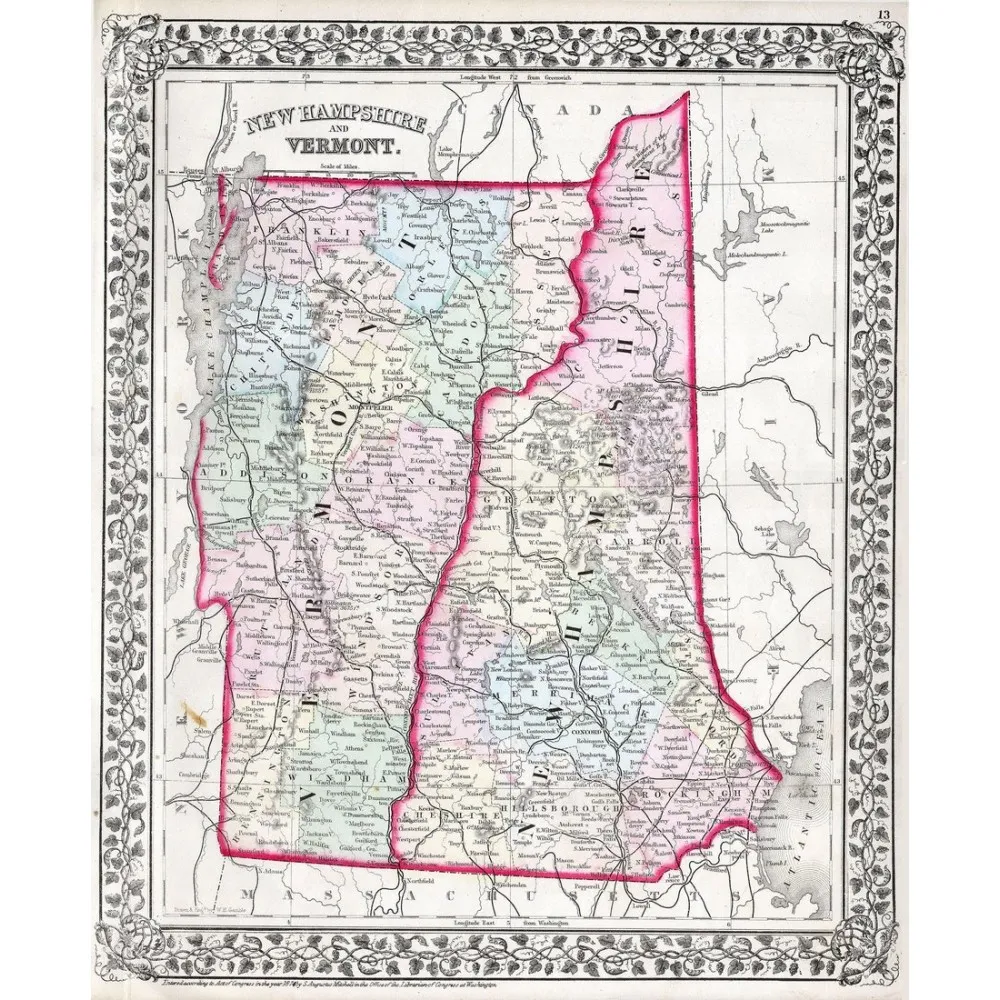 Vermont and New Hampshire Map Poster